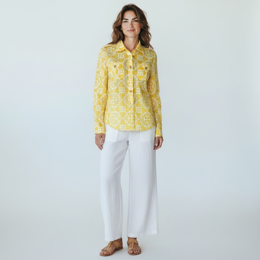 Tory Burch Lightweight Yellow Print Button Down Blouse Cotton Size 6